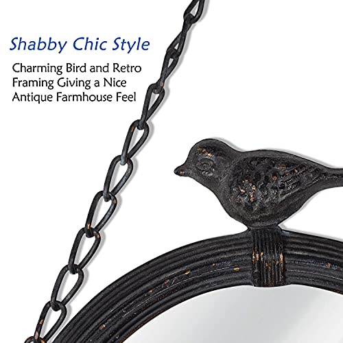 NIKKY HOME 11.25" Vintage Round Metal Framed Wall Mounted Mirror with Bird, in Matt Black 28.5 x 2.5 x 31.5 CM