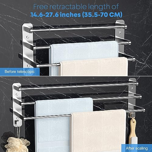 Otoomenz Towel Rail Wall Mounted 3-Tier Bath Towel Rack, 2 Installation Methods Adjustable 35.5-70cm Towel Holder, SUS 304 Stainless Steel Towel