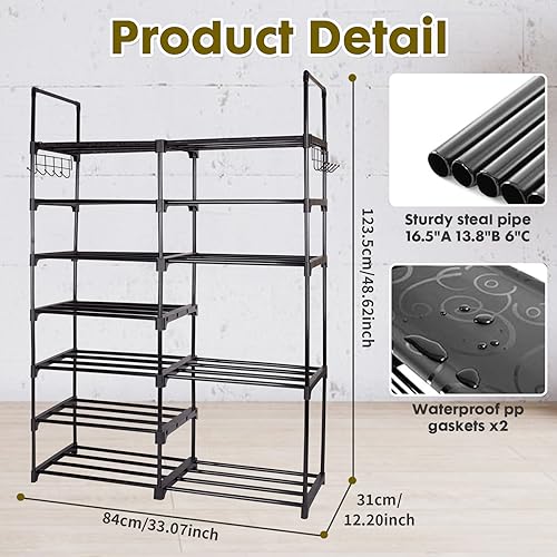powerking Large Shoe Rack 7 Tier 2 Row, Metal Shoes Storage Shelf Organiser, Holds 24-35 Pairs Tall Shoes and Boots for Hallway Entryway, Space S