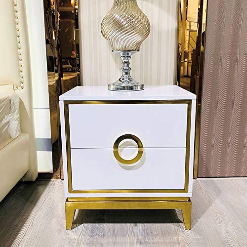 JYDQM Bedside Table with Double Drawer Design, Stainless Steel Metal Plating Frame Simple Bedside Table, White