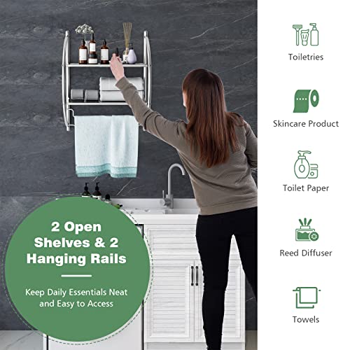 Multigot Towel Rack, Steel Wall-Mounted Curved Shelving Unit, 2-Tier Double Towel Holder with Hanging Rails for Bathroom and Kitchen, 45x26x54cm