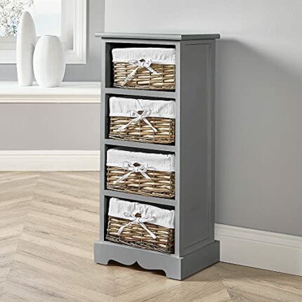 Home Source Wooden Storage Unit 4 Drawer Chest Water Hyacinth Basket, Grey