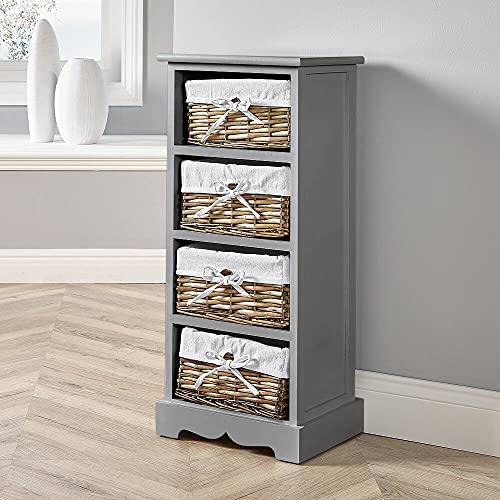 Home Source Wooden Storage Unit 4 Drawer Chest Water Hyacinth Basket, Grey