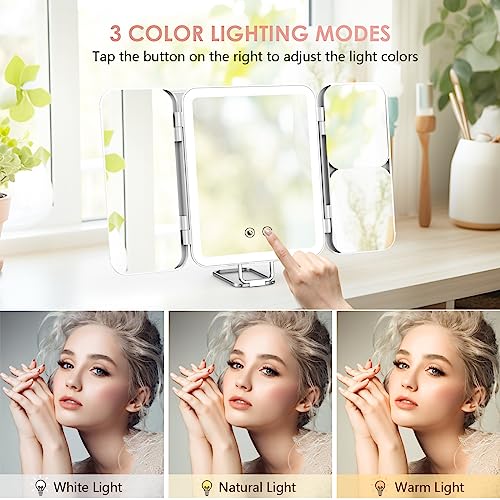 Kostlich Travel Trifold Vanity Makeup Mirror with 3 Color Lights, Rechargeable 1X/3X/7X Magnifying Mirror, Portable Light Up Mirror