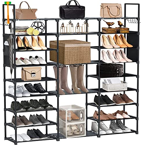 Free-Standing Shoe Rack Organizer, Garage Shoe Storage Organizer with Side Hooks & Pockets, Metal Shoe Rack for Garage, Entryway, Holds 50 Pairs
