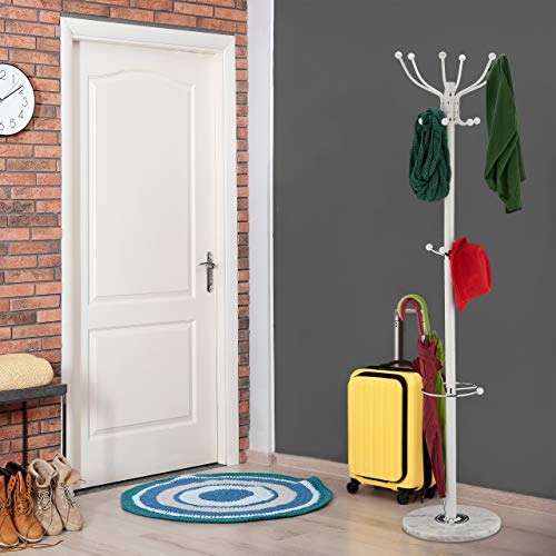 Relaxdays Coat Stand with Umbrella Stand, 16 Hooks, HD 176.5 x 36.5 cm, Marble Base, Standing Coat Rack standing White