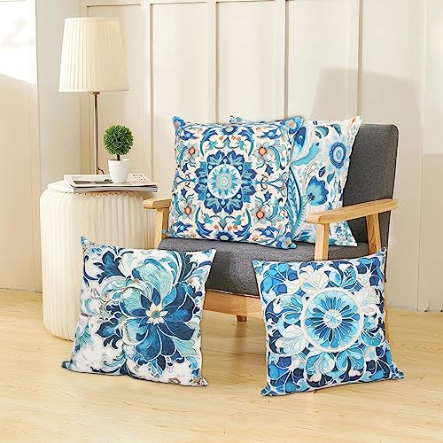 NAKURU Set of 4 Decorative Outdoor Cushion Covers Waterproof 45x45 CM, Modern Flower Throw Pillow Covers for Patio Furniture Porch Garden Cushion