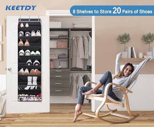 KEETDY Over the Door Shoe Organizer with 8 Deep Pockets, 6 Tilting Pockets and 2 Three-dimensional Pockets Shoe Holder for Narrow Door Shoe Stora