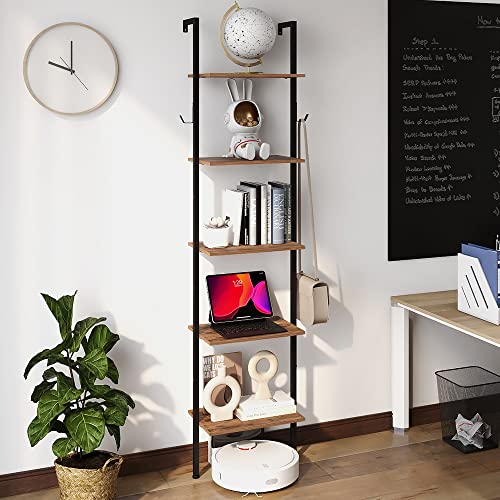 VEDECASA 5 Tiers Bookshelf Wall Mounted Industrial Ladder Shelf Bookcase with Wood and Metal Frame Open Display Shelves for Home Office Living Ro