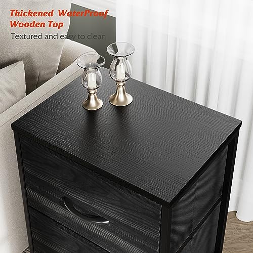 Nicehill nightstand, Wooden top Board, Fabric, Steel Frame, Black Wood Grain, 3-Drawer