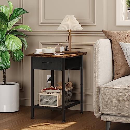 GYIIYUO Nightstand with Charging Station and Fabric Drawer, Side Table with Storage for Bedroom, Bedside Tables with Steel Frame - Rustic Brown