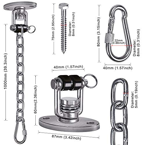 SELEWARE Permanent Antirust Stainless Steel 304 Heavy Duty Silent Bearing Swing Hangers with Chain and Carabiner, 360° Rotate, 2 Screw for Wooden