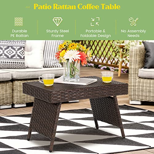 RELAX4LIFE Folding Rattan Table, Small Wicker Side End Table, Portable Bistro Coffee Table for Garden Patio Poolside (with Adjustable Foot Pads)