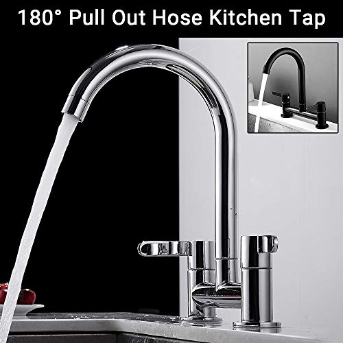 Ghopy Dual Lever Kitchen taps Mixers 2 Hole Deck Mounted Cold and Hot Mixer Tap Modern 360° Swivel Spout Brass Basin Bridge Mixer tap (Chrome)