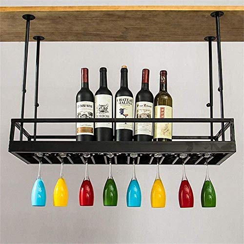 SUCHETA Hanging Wine Rack with Glass Holder and Shelf, Wine Lovers Bar Furniture& Home Bar Furniture Loft Wall Shelf Metal Iron Ceiling Rack Stor