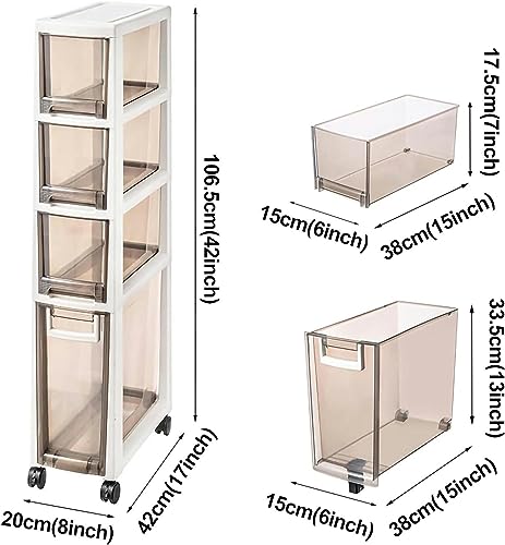 OPSREY Narrow Tall Bathroom Floor Cabinet Large Capacity Slim Toilet Paper Storage Cabinet 4 Drawer Cart with Clear Drawers and Casters Vertical