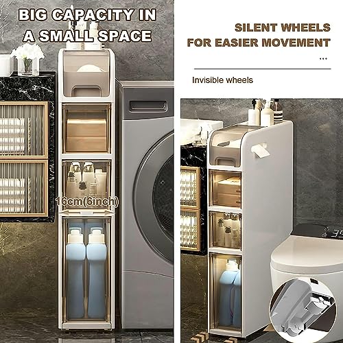 Bathroom Floor Cabinet Storage, 4-Tier Slim Toilet Paper Storage Cabinet with Clear Drawers and Casters, Large Capacity Narrow Vertical Dresser T