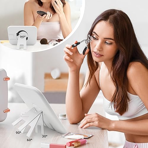 Large Travel Makeup Mirror with Lights, Lighted Makeup Mirror with 360° Angle, Dimmable 3 Color Modes Rechargeable 2000mAh Battery Portable Ultra