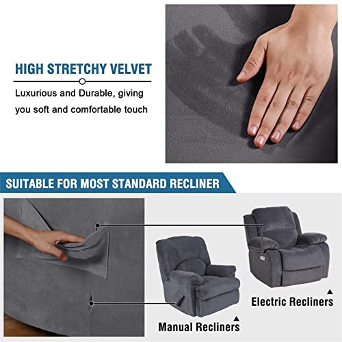 DSECHCRSL Velvet Recliner Chair Cover with Side Pocket, 4 Piece Non Slip Reclining Chair Cover, 1 Seat Stretch Recliner Cover Form Fitted Thick S