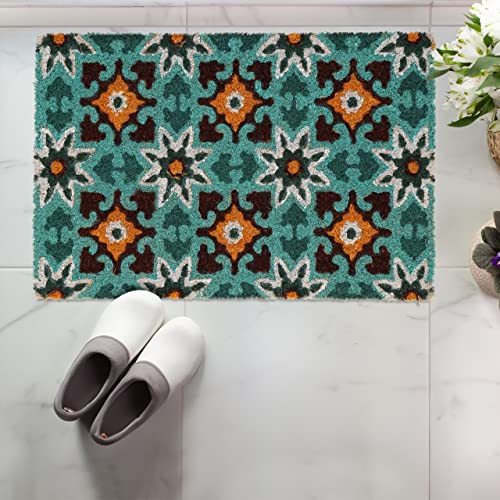 Relaxdays Coir Doormat, Tile Print, Oriental, 40 x 60 cm, Non-Slip Mat, Weatherproof, Indoors & Outdoors, Multicoloured, Coco, Plastic