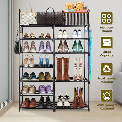 powerking Large Shoe Rack 7 Tier 2 Row, Metal Shoes Storage Shelf Organiser, Holds 24-35 Pairs Tall Shoes and Boots for Hallway Entryway, Space S