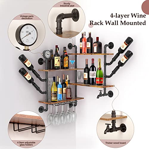 lukar 4 Tier Wall Wine Rack with 4 Stem Glass Holder, Hanging Industrial Pipe Shelving Wine Rack Wall Mounted, Floating Bar Liquor Shelves