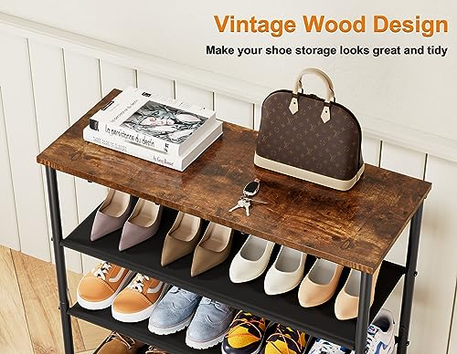 HOMIDEC Shoe Rack, 4-Tier Shoe Storage Shelves with Wooden Top, Shoe Organiser for 12-16 Pairs of Shoes, Dust-proof Fabric Shelves for Flats, Boo