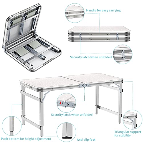 Ostazt Folding Table 4ft with 4 chairs Camping Buffet Table Portable Adjustable Height Garden Desk for Party Picnic Dinner Kitchen