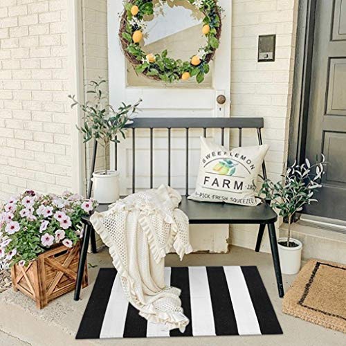 Seavish Black and White Striped Rug, 23.6" x 35.4" Indoor Outdoor Doormats Welcome Mats for Front Door Layered Door Mats Front Porch Mat Handmade