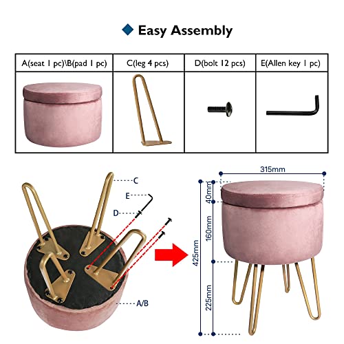 BONTEC Velvet Dressing Table Stool, Round Vanity Stool with Storange, Bedroom Ottoman Stool with Metal Legs for Home Living Room Fitting Room Bed