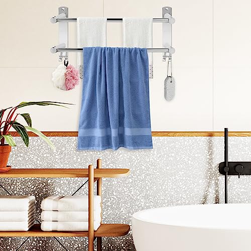 Stainless Steel Towel Shelf, Towel Rail Wall Mounted 38-70cm, Self Adhesive Double Towel Rail, Bath Towel Rail Self Adhesive with 2 Hooks for Bat