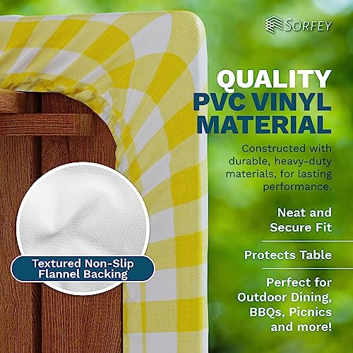 Sorfey Vinyl Picnic Table and Bench Fitted Tablecloth Cover, Checkered Design, Flannel Backed Lining, 30 x 60 Inch, 3-Piece Set, Gray