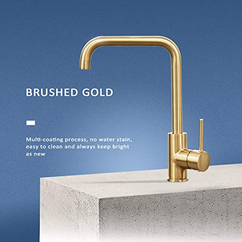 Hapilife Brushed Gold Kitchen Sink Mixer Tap Single Lever High Arc 360 Swivel 10 Year Warranty, DT07T