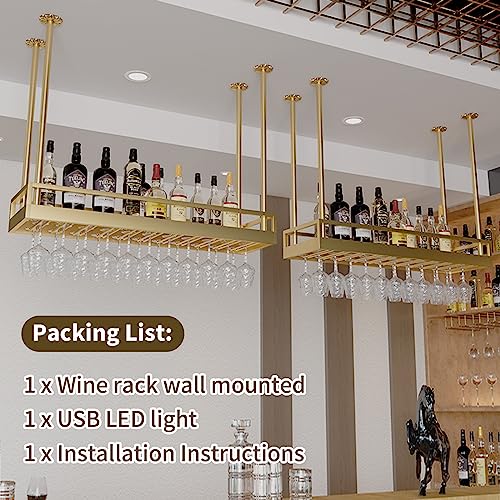 Industrial Bar Floating Shelf, 31.5" Ceiling Mounted Hanging Wine Bottle Holder, Gold Shelf, Wine Rack Wall Mounted, Champagne Glass Rack with Le