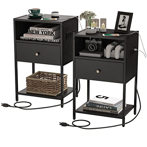 LDTTCUK Nightstand Set of 2 with Charging Station, Modern End Table with Drawer, White Bedside Table with Open Storage for Bedroom