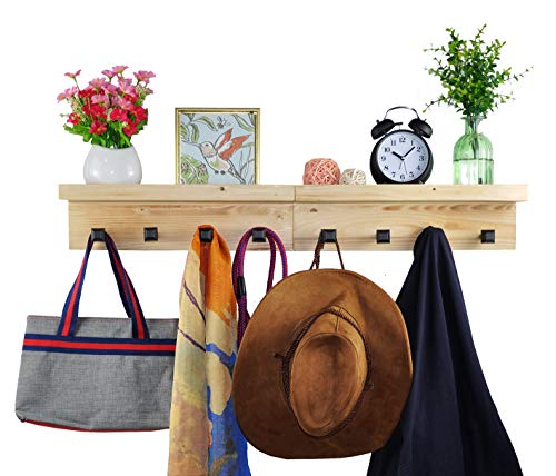 Spiretro Set of 2 Wall Mounted Torched Wood Floating Shelves & Ledge, Coat Hat Rack with Black Metal Pegs Hook to Organizer, Storage, Decorative