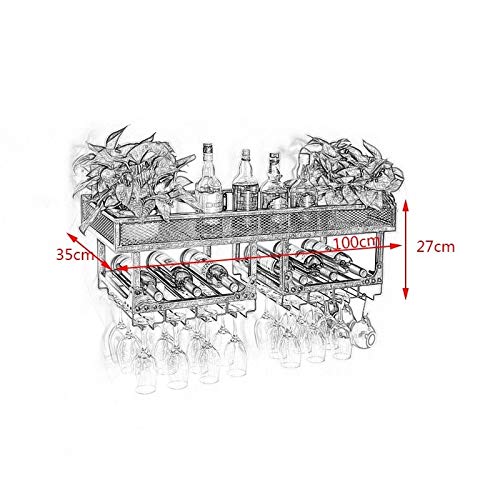 PIBM Retro Iron Art Storage Wine Rack Wall-Mounted Wine Bottle and Wine Glasses Display Shelf 100X35X27Cm J1029