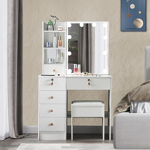 White Vanity Table, Vanity Desk Set with Mirror and Lights,Makeup Vanity Table with 5 Drawers,Storage Shelves & Cushioned Stool for Girls Bedroom