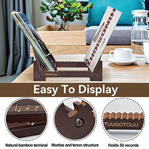 TUUGOTOUU Vinyl record storage holder Bamboo Record display stand Store and display up to 50 7"-12" LP albums DVDs or CDs Display Shelf suitable