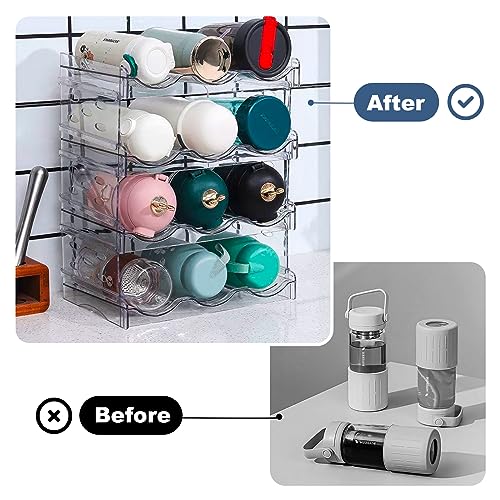 NUKied Stackable Water Bottle Organiser Rack 4 Pack Plastic Water Bottle Holder Wine Racks Storage Shelf Holds 12 Bottles for Fridge Kitchen Cabi