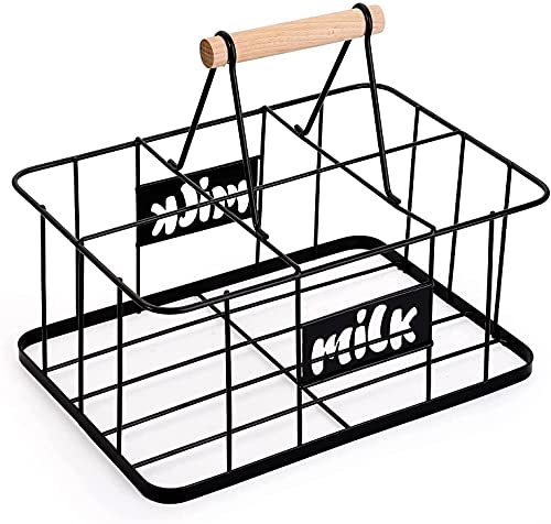 Bekith 6 Unit Milk Bottle Holder Wire Metal Doorstep Milk Crate Rustic Farmhouse Wire Bottle Carrier with Handle, 29 x 20 x 13 cm