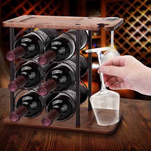 OBloved Wooden 3 Tier Countertop Wine Rack with Glass Holder, Wine Cabinet Counter Wine Rack Holder and Storage Wine Rack-Hold 6 Bottles and 2 Gl