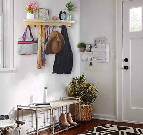 Spiretro Set of 2 Wall Mounted Torched Wood Floating Shelves & Ledge, Coat Hat Rack with Black Metal Pegs Hook to Organizer, Storage, Decorative