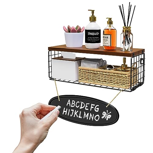 Obswell Kole Floating Shelves with Wire Storage Basket, Bathroom Shelves Over Toilet with Protective Metal Guardrail, Wood Wall Shelves for Bathr