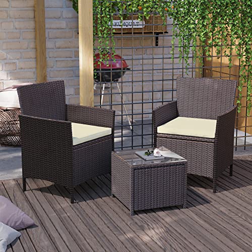 Garden Vida Bali 2 Seater 1 Square Table Rattan Set With Cushions Outdoor Garden Patio Furniture 3Pcs (Black)