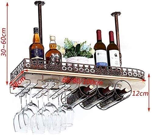 SUCHETA Hanging Wine Rack with Glass Holder and Shelf, Wine Holder Ceiling Hanging Mounted Solid Wood Wine Rack Wine Glass Metal Hanging Rack and