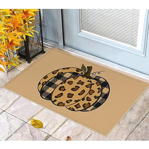 Louise Maelys Fall Door Mat, Welcome Front Door Mat Non Slip, Leopard Print Pumpkin Yard Floor Doormat Thanksgiving Kitchen Entry Switch Outdoor