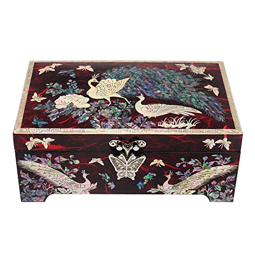 Mother of Pearl Crane Bird and Pine Tree Design Purple Wooden Jewellery Drawer Mirror Trinket Keepsake Treasure Gift Asian Lacquer Box Case Chest