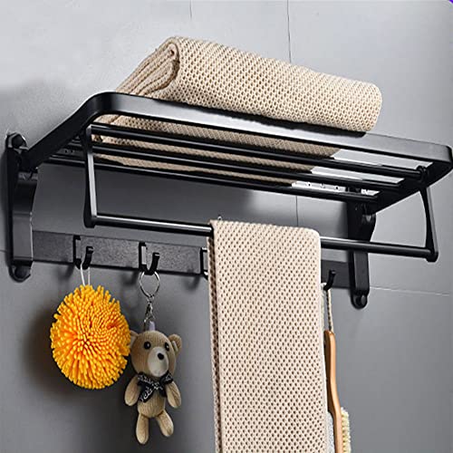 Hoopever 24 Inch Foldable Towel Rack for Bathroom with Hooks Towel Bar, Adjustable Bathroom Lavatory Towel Shelf Wall Mounted, Space Aluminum, Bl