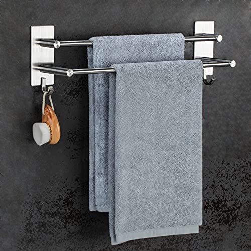 JS Towel Rail Self Adhesive Towel Holder Hanger SUS304 Stainless Steel Towel Rack 43.5cm/17.1 inch Anti-rust Dual Rod Towel Shelf Bar with 2 Hook